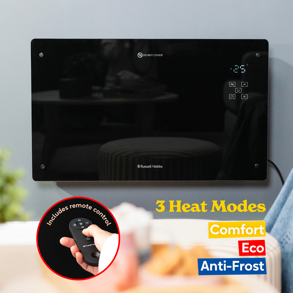 Russell Hobbs Black Smart Wi-Fi Glass Panel Heater with Attachable Feet and Remote 2000W Image 6