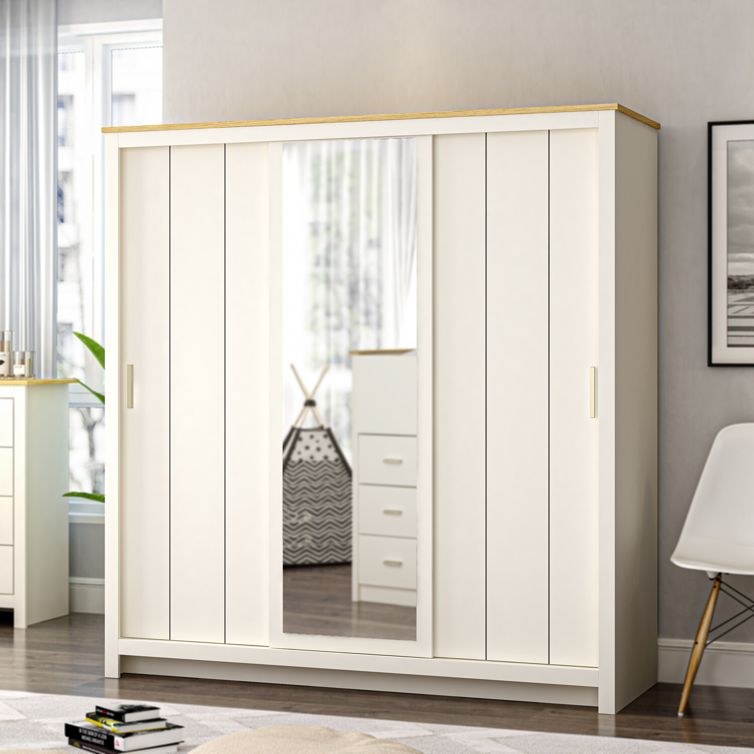 Lexington Cream Gold Handle 3 Door Mirror Sliding Wardrobe Image 2