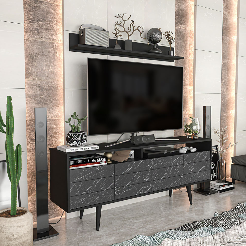 Decorotika Ola Single Door Single Shelf Black Marble and Black TV Unit with Wall Shelf Image 3