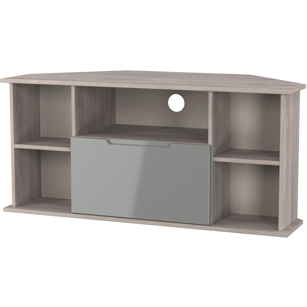 Crowndale Milan Single Drawer 5 Shelf Grey Gloss and Grey Oak Corner TV Unit Ready Assembled Image 2