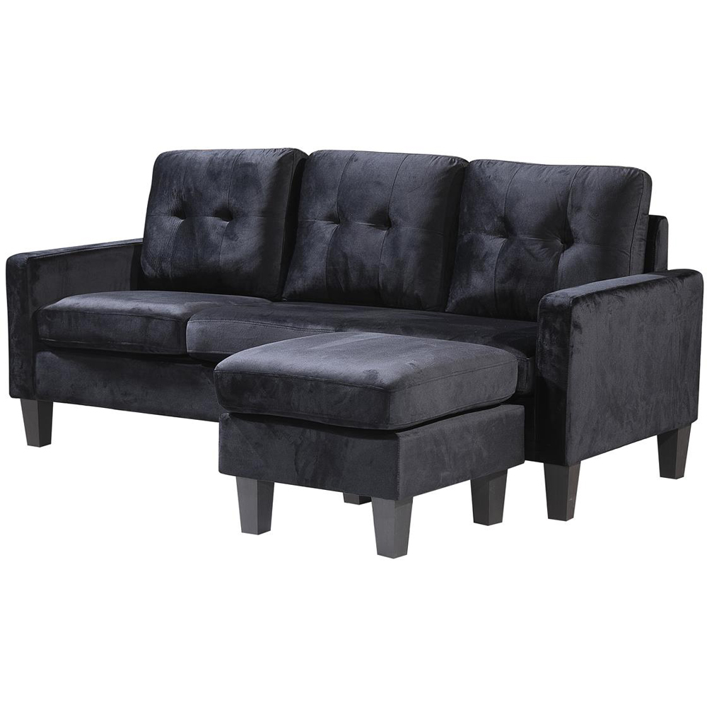 Portland 3 Seater Black Velvet L Shape Reversible Corner Sofa with Ottoman Image 5