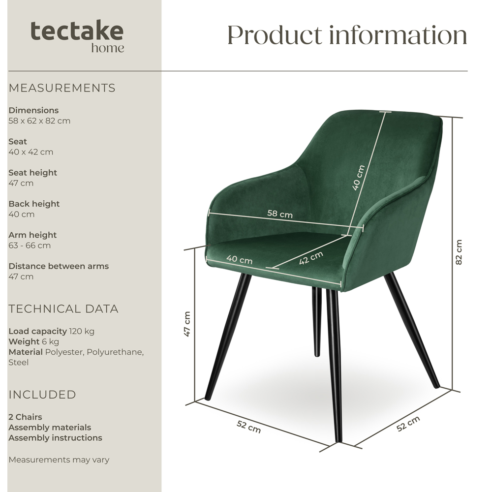 tectake Marilyn Set of 2 Dark Green and Black Velvet Look Padded Dining Chairs Image 8