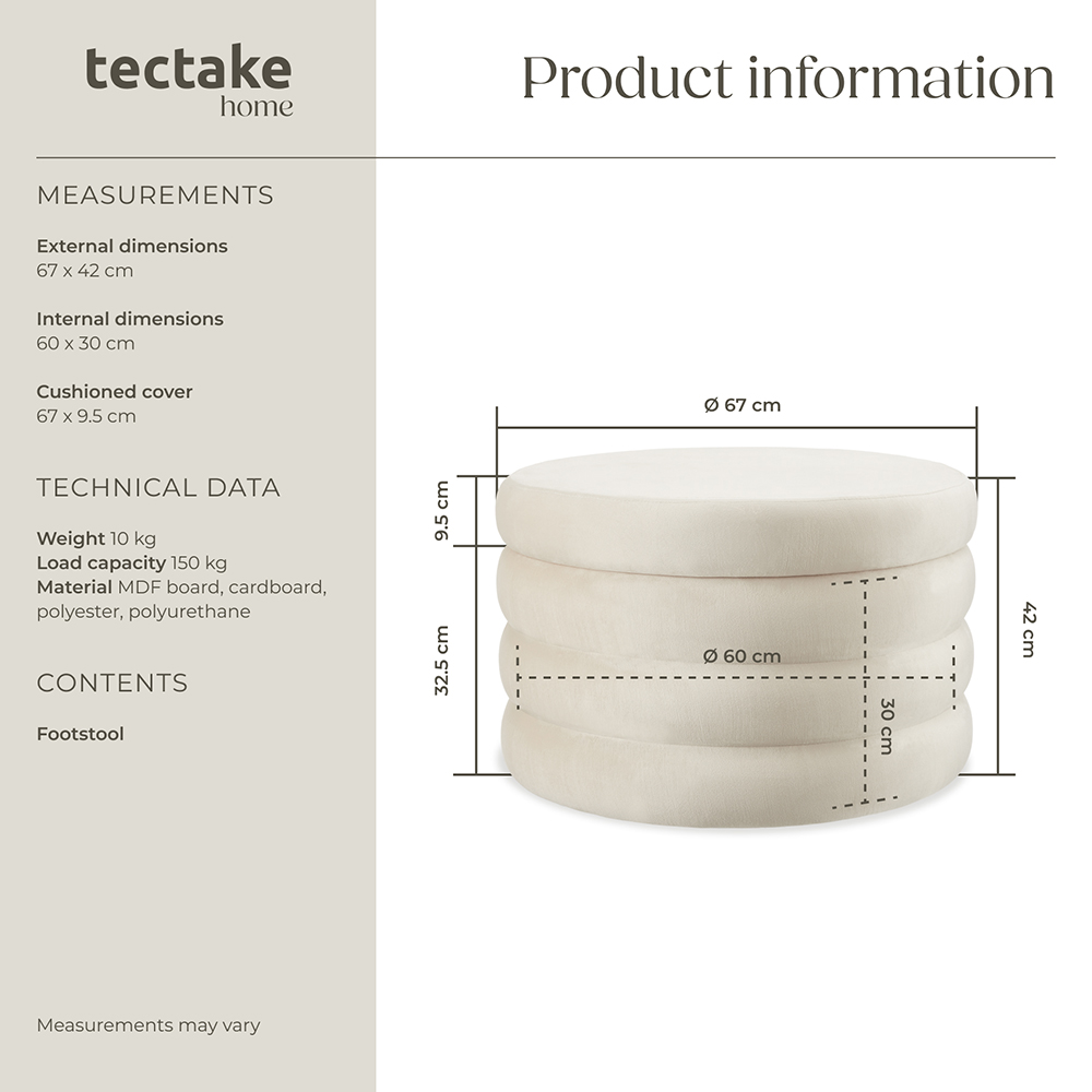 tectake Altu XL Cream Velvet Look Footstool Image 9
