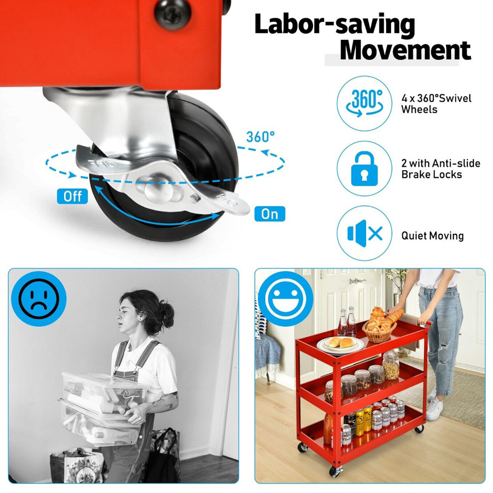 Costway 3 Shelf Red Tool Trolley with Lockable Wheels Image 7
