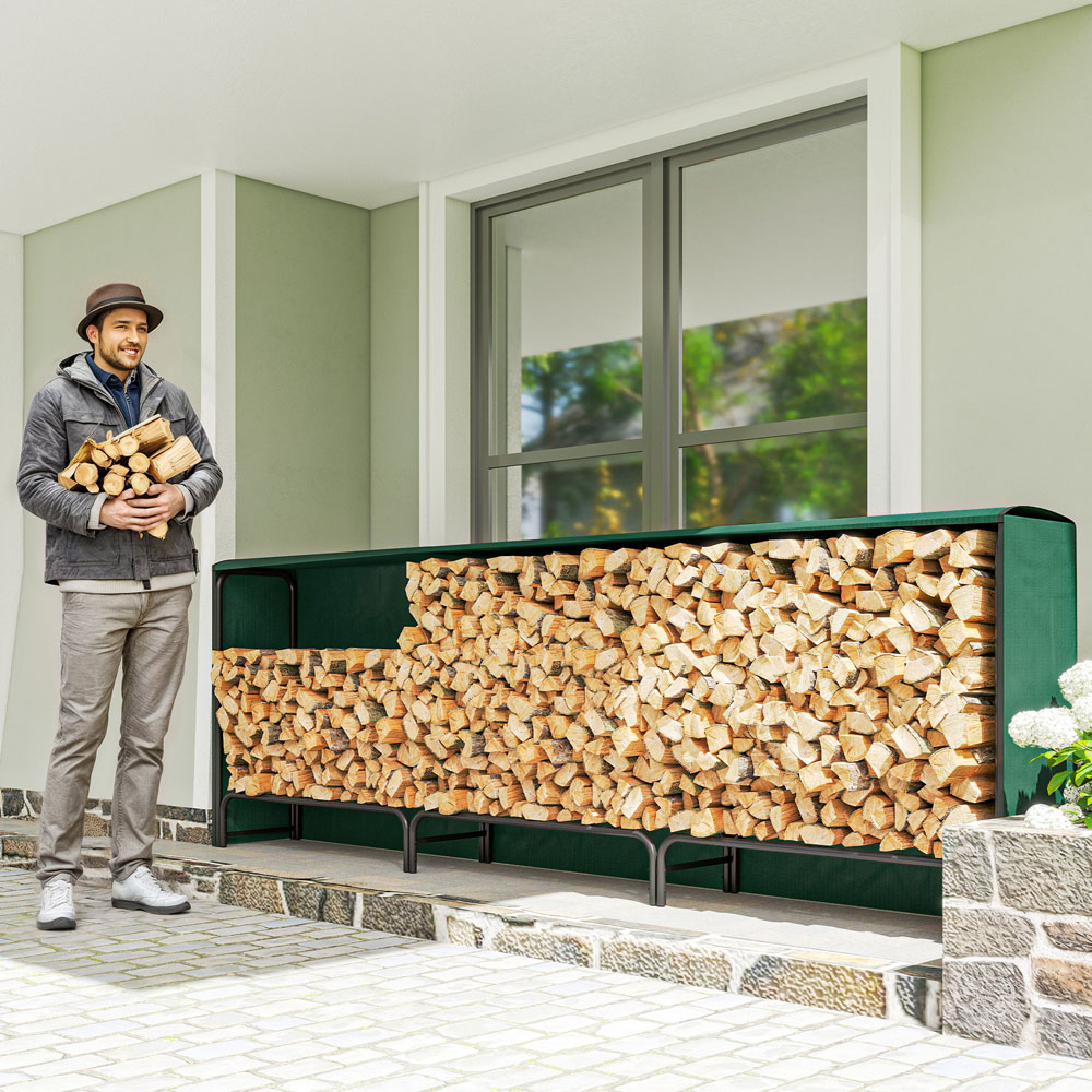 Outsunny Dark Green Metal Firewood Log Holder 99 x 36 x 300cm Image 2
