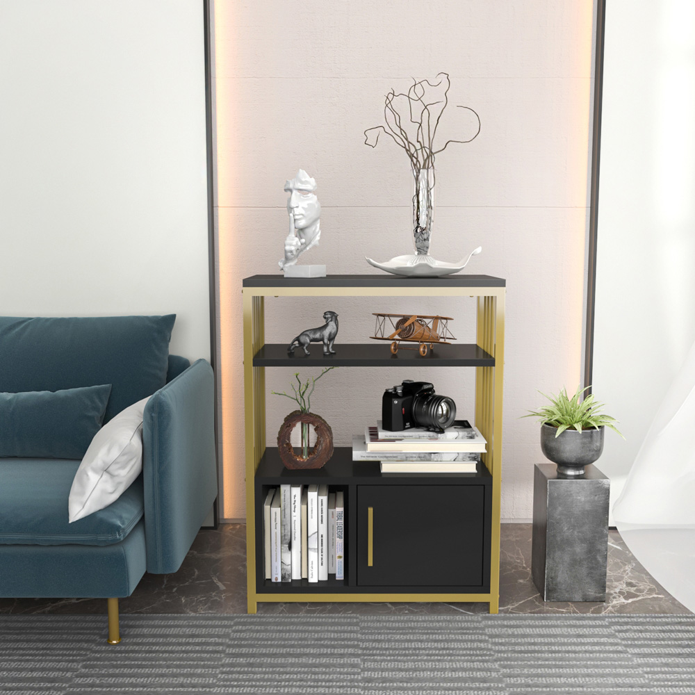 Decorotika Letos Single Door 3 Shelf Anthracite and Gold Bookshelf Image 6