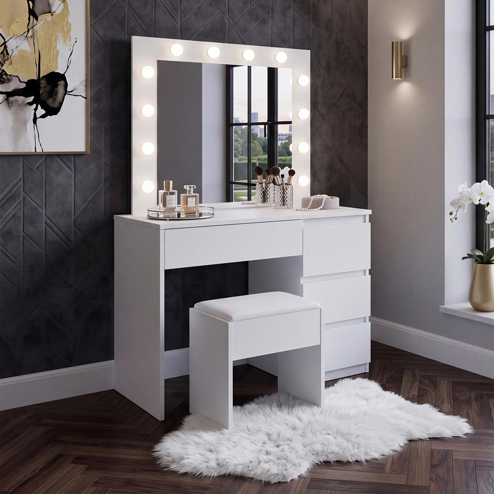 Portland 4 Drawer White Dressing Table Set with LED Mirror Image 4