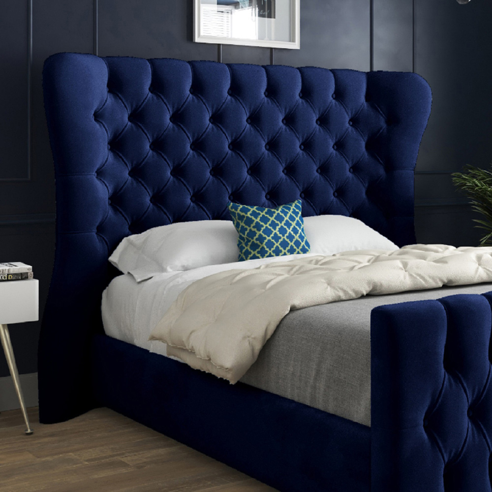 Parma King Size Blue Soft Velvet Upholstered Bed Frame with Curved Winged Headboard Image 3
