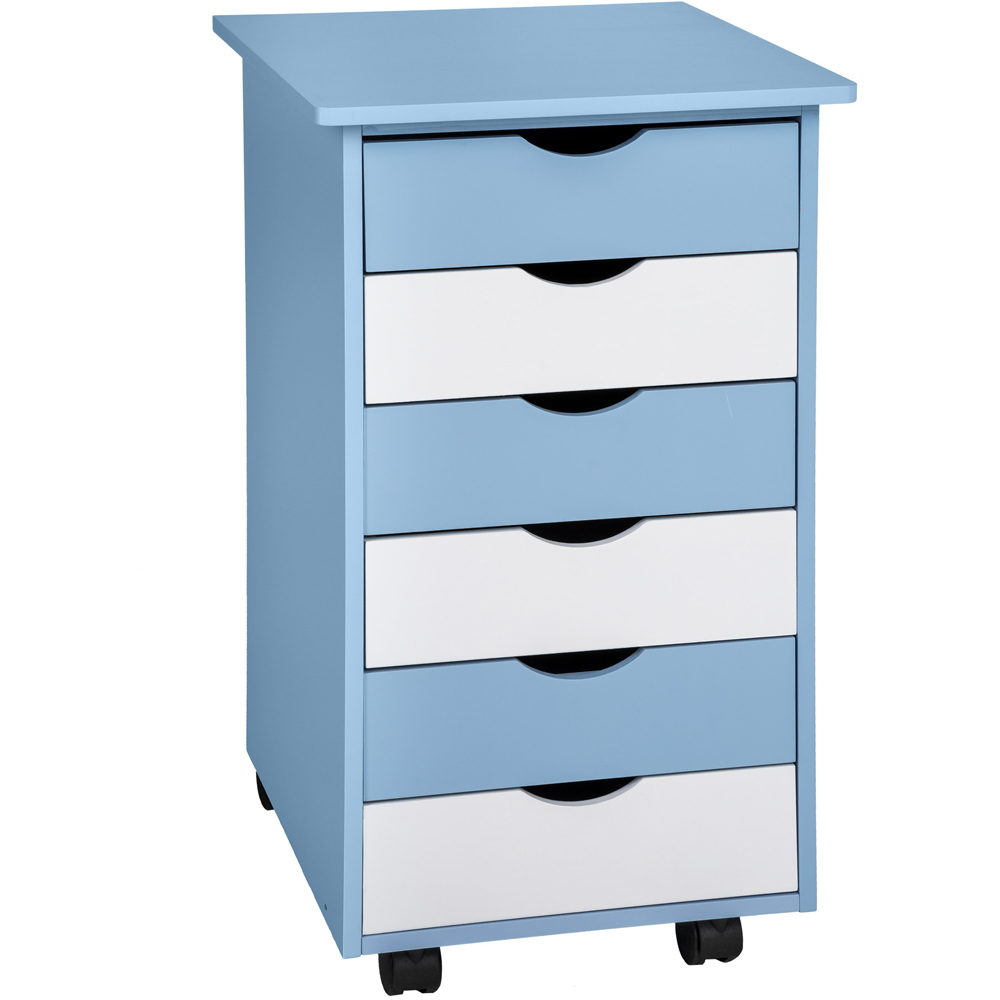 tectake 6 Drawer Blue Wooden Chest of Drawers with Wheels Image 2