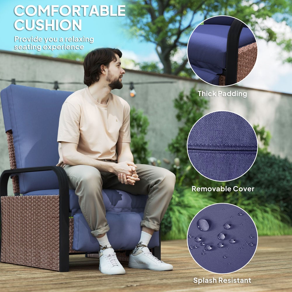 Outsunny Brown and Blue Rattan Garden Recliner Chair Sun Lounger with Side Tray Image 6