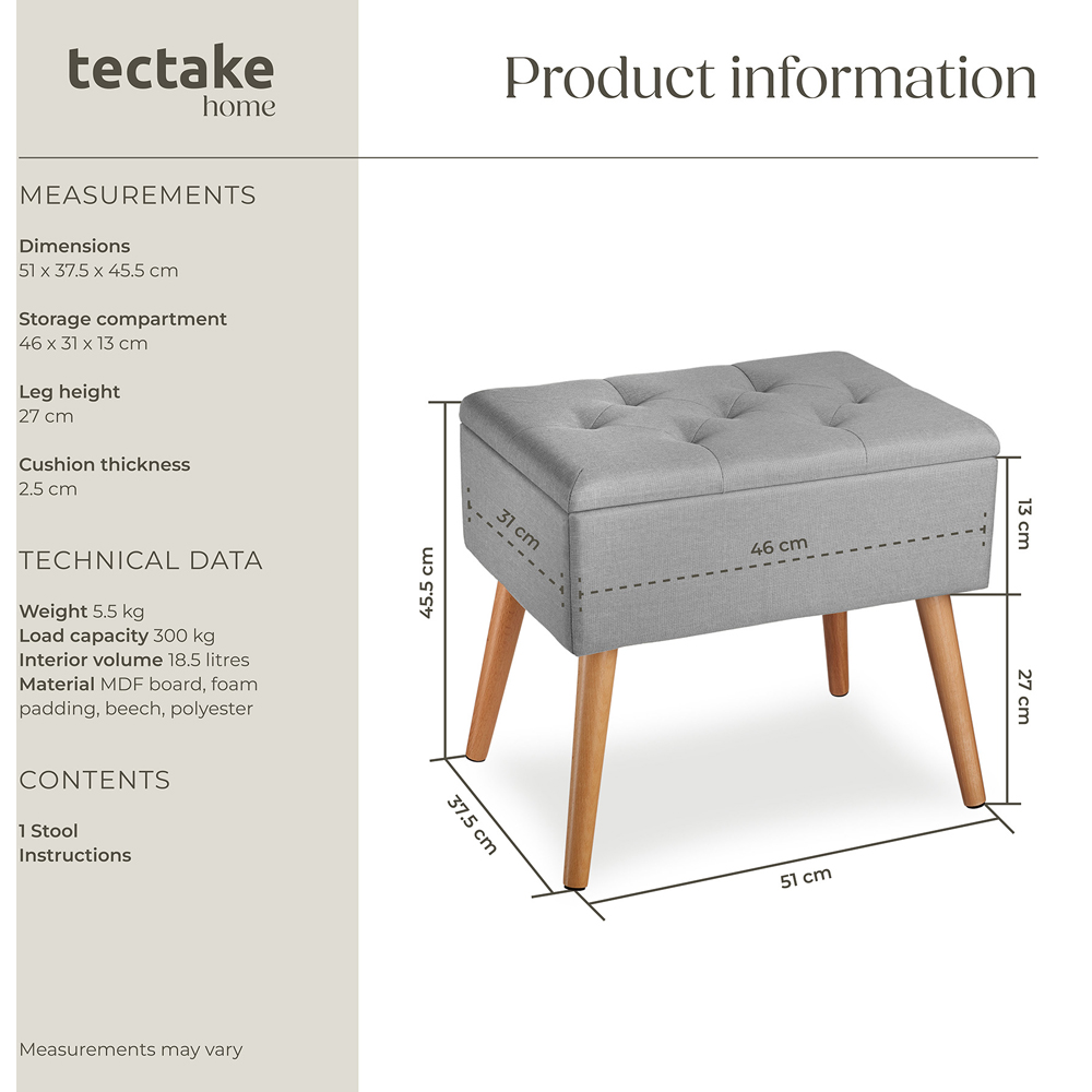 tectake Ranya Grey Upholstered Linen Look Bench with storage Image 9