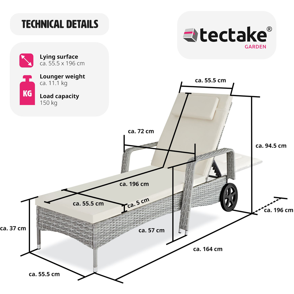 tectake Cassis Light Grey 6 Level Adjustable Sun Lounger with Removable Headrest and Wheels Image 8