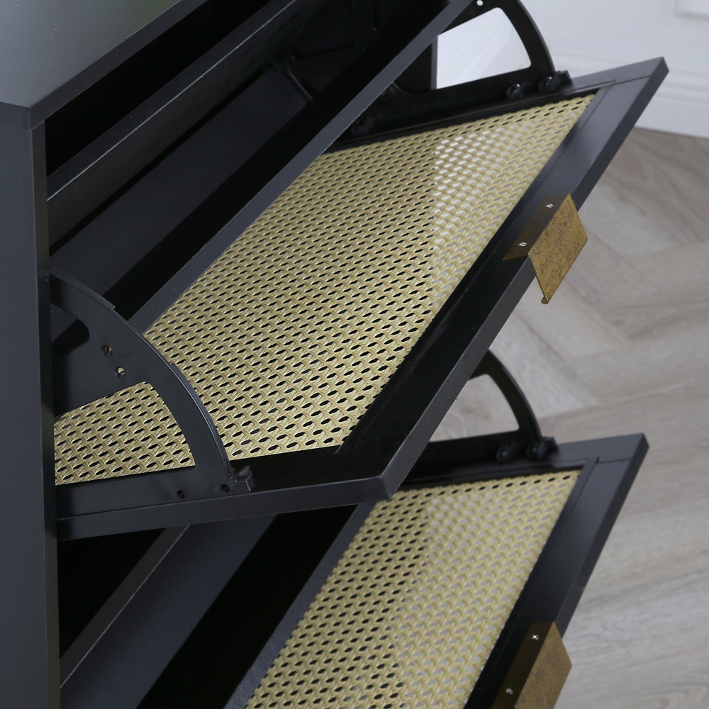 Craven 2 Drawer Black Shoe Cabinet with Cane Front Image 3