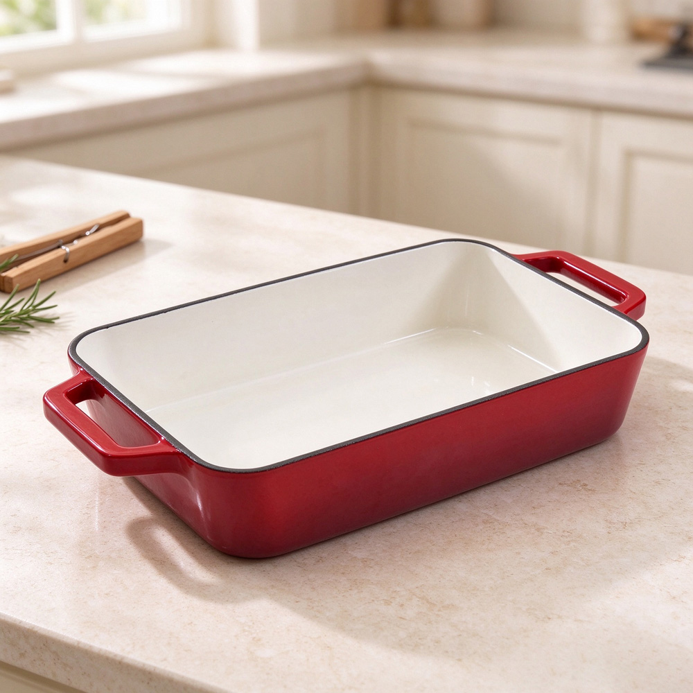 Living and Home 3.2L Red Enamelled Cast Iron Rectangular Baking Dish Image 7
