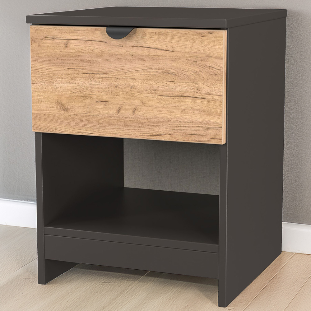Crowndale Bora Single Drawer Single Shelf Gold Oak and Graphite Bedside Cabinet Image 1