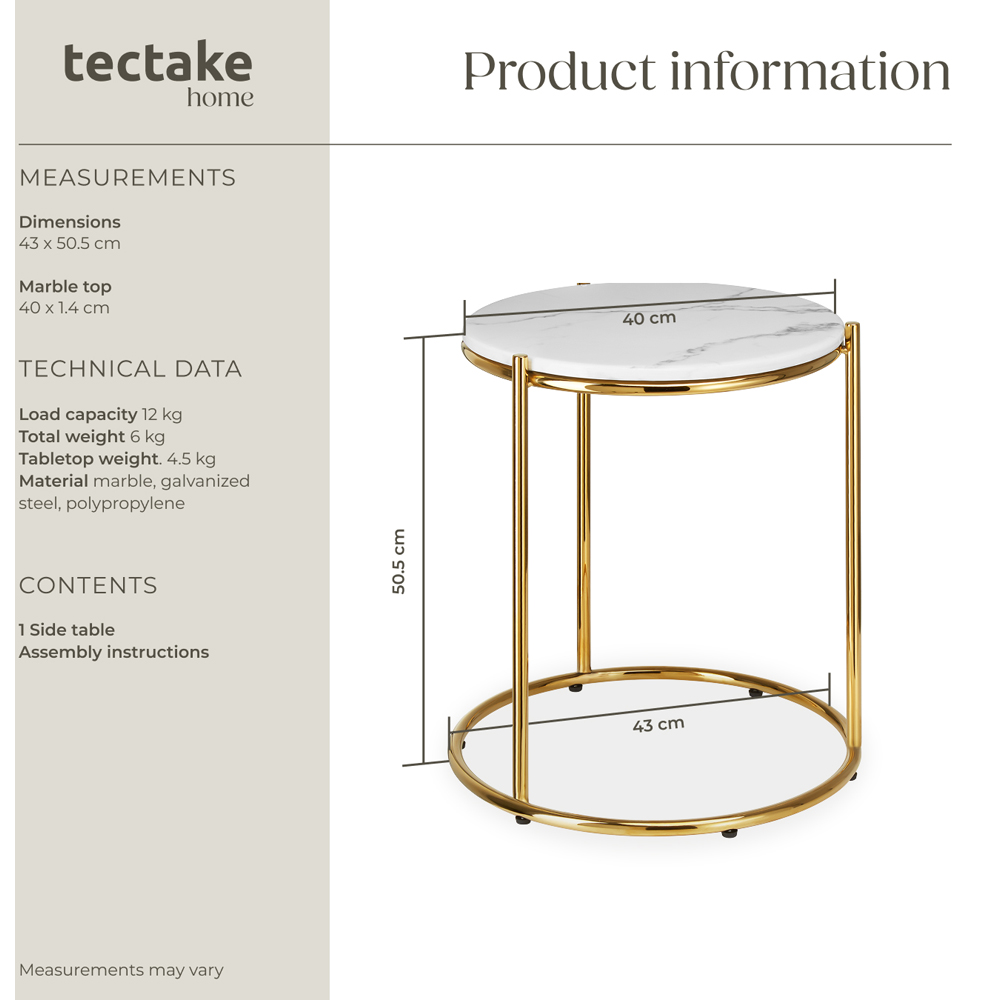 tectake Side Table Ellsa White and Gold Marble Top Side Table Image 8