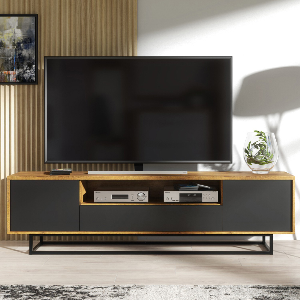 Creative Furniture Rift Loft Dark Oak and Black Matte 2 Door Single Drawer TV Unit Image 4