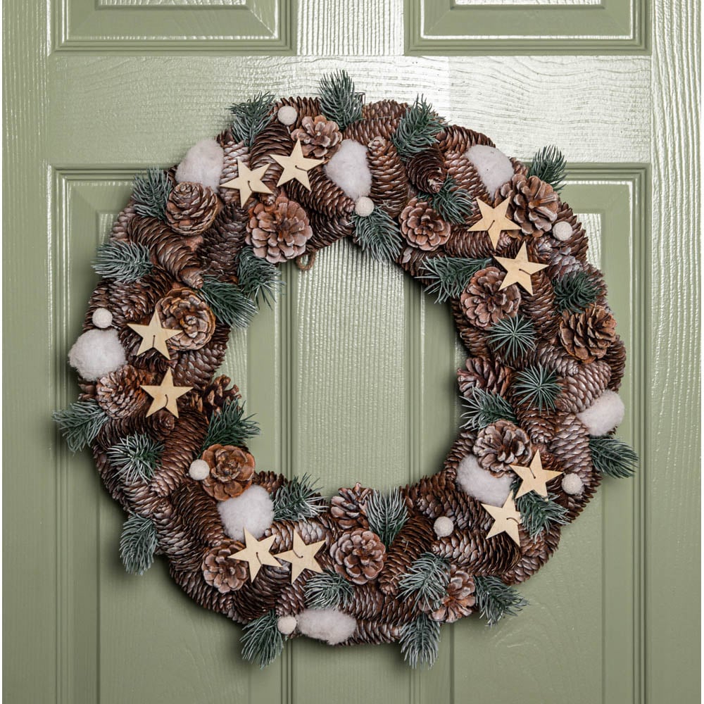 Samuel Alexander Frosted Christmas Wreath with Pine Cones and Wooden Stars 50cm Image 2