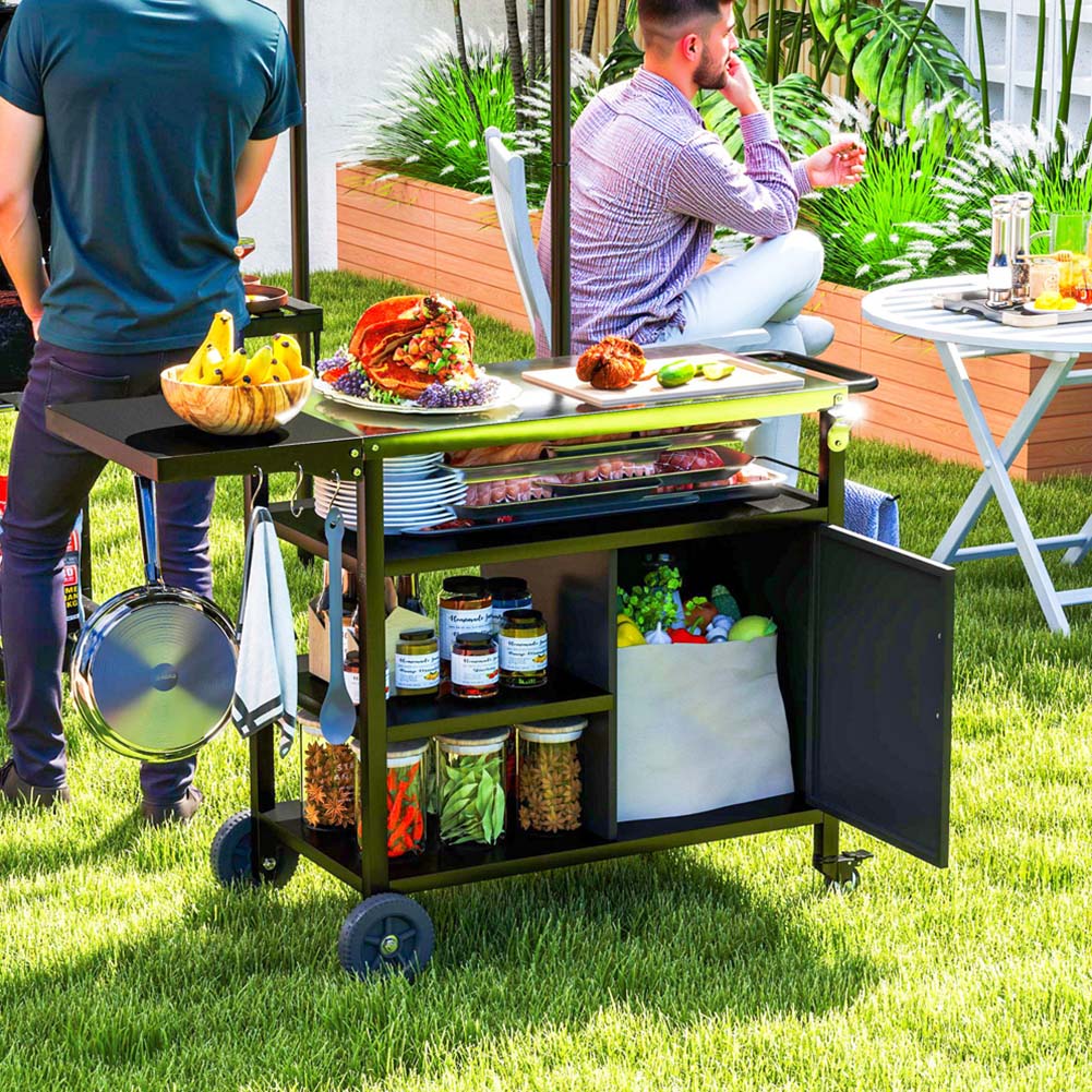 Outsunny Black Stainless Steel Barbeque Trolley with Foldable Side Table Image 2