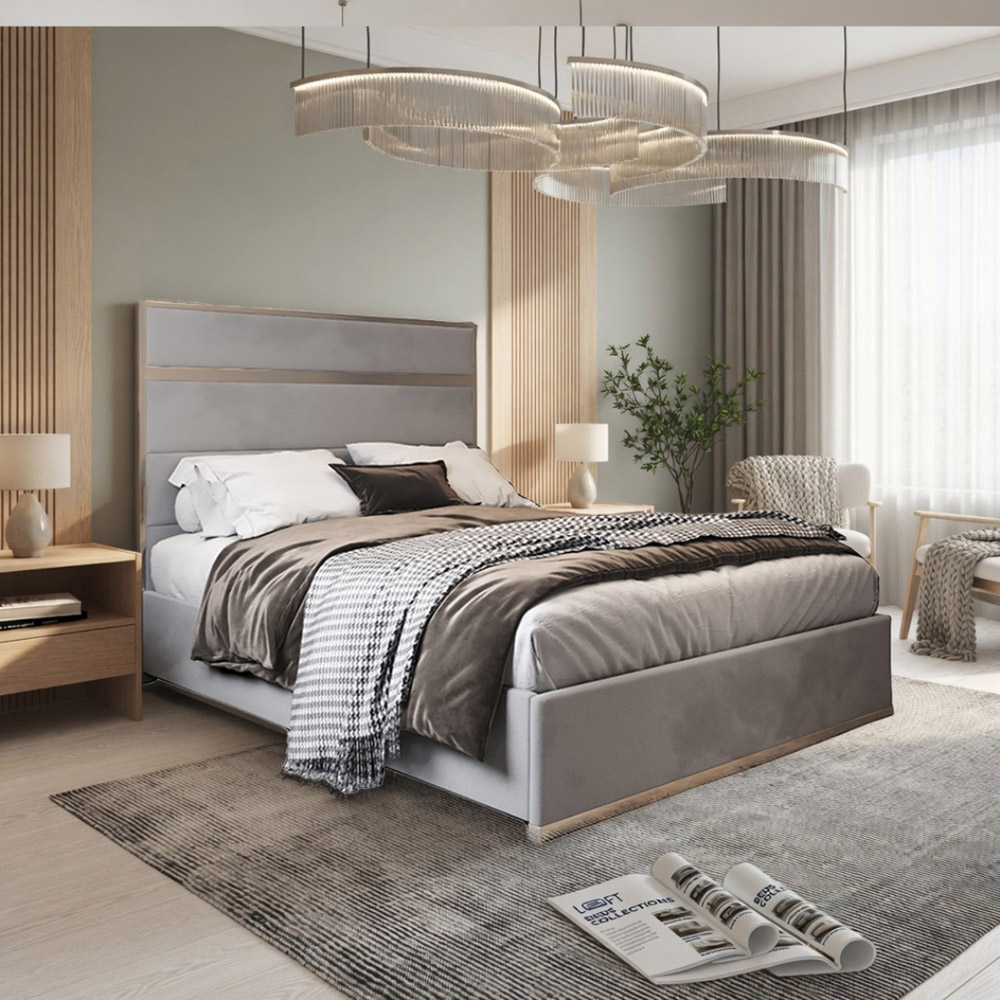 Bentley Grey Double Velvet Upholstered Metal Bed Frame with Panelled Headboard Image 5
