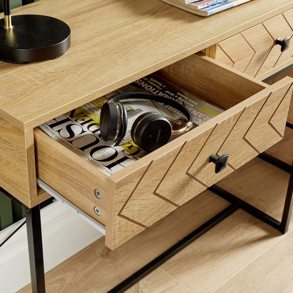 Home Source 2 Drawer Oak Effect Aztec Design Console Table with Metal Legs Image 4