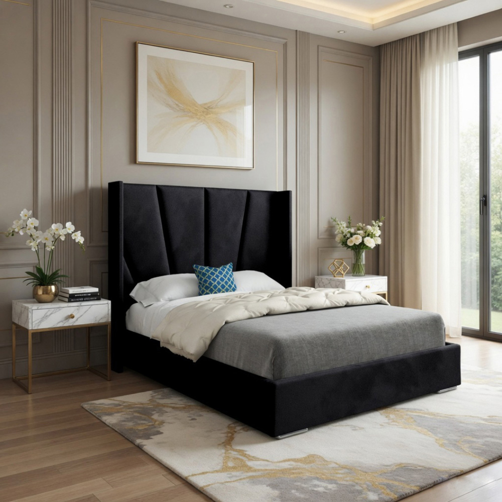 Bellini Black Small Double Velvet Upholstered Bed Frame with Wide Curved Winged Headboard Image 5
