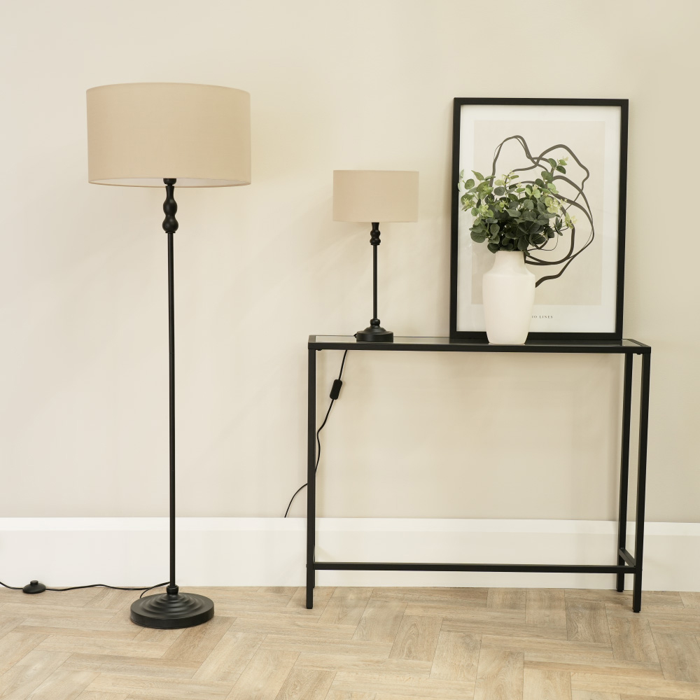 ValueLights Maggie Natural Fabric Shade Black Metal Candlestick Floor Lamp Image 4