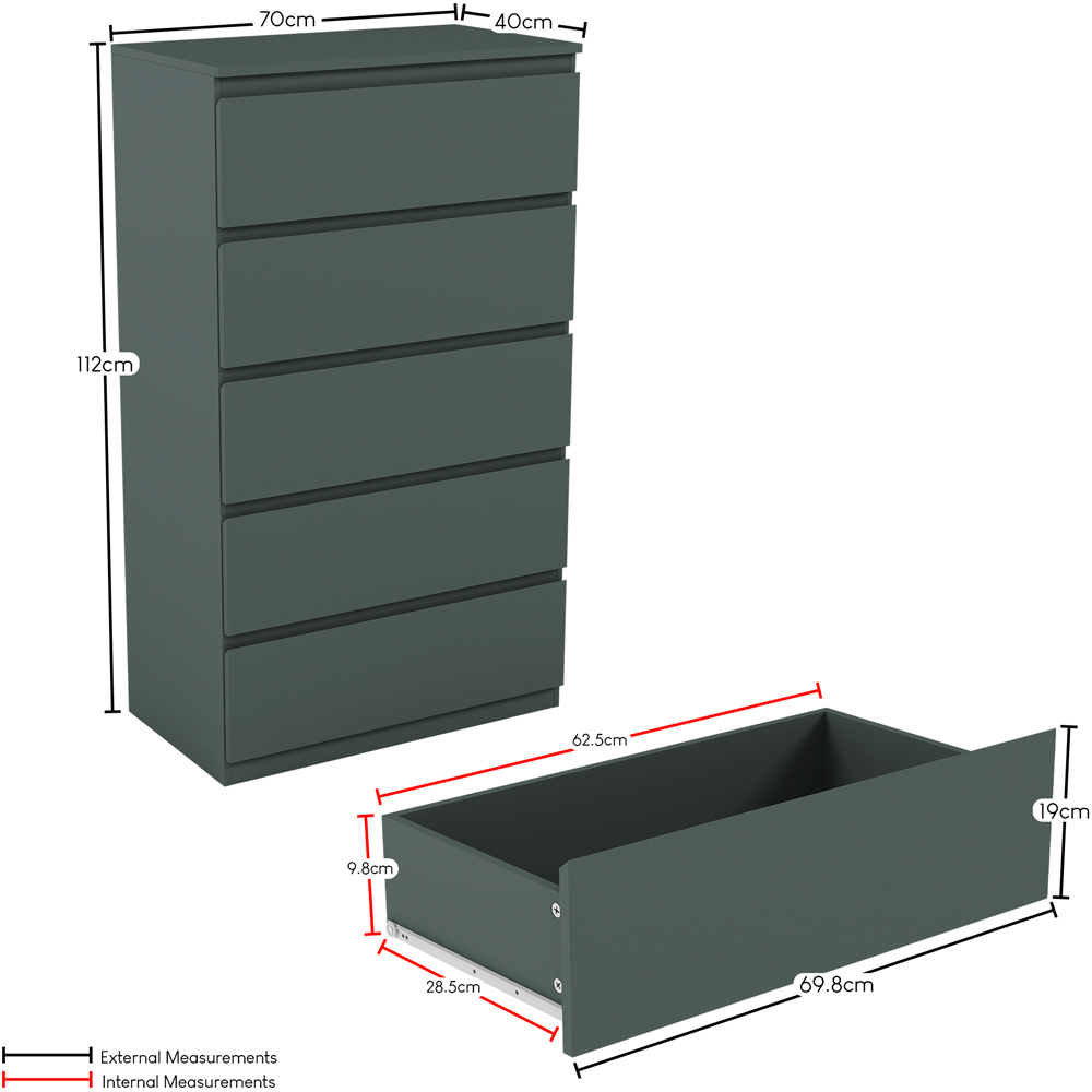 Vida Designs Denver Jasper Green 5 Drawer Bedside Table Image 7