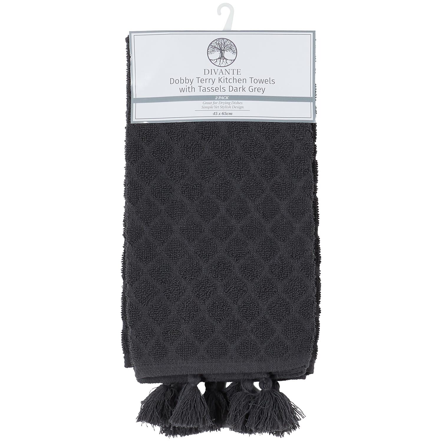 Divante Pack of 2 Dobby Terry Kitchen Towels with Tassels - Dark Grey Image 2