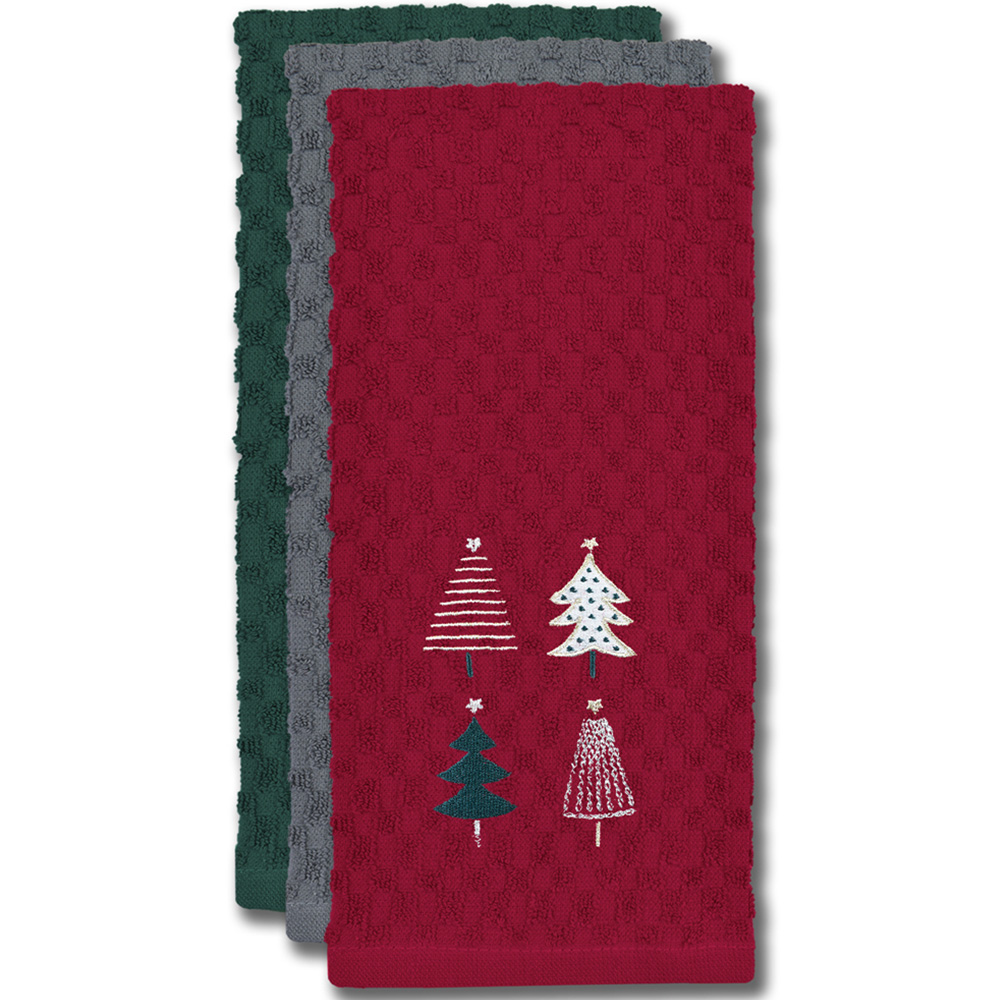 Noel Square Xmas Trees Red Tea Towel 3 Pack Image 3