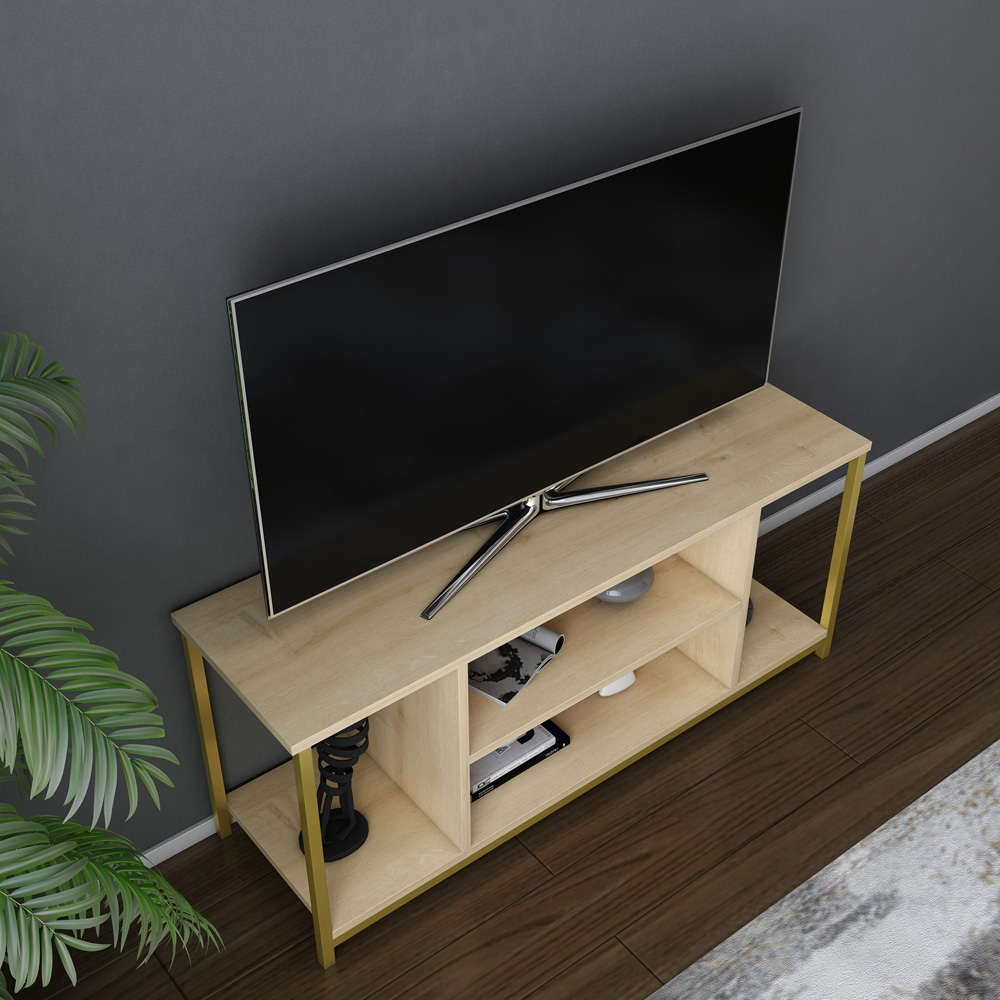 Decorotika Rinaldo 4 Open Shelf Gold and Oak Wide TV Unit Image 3