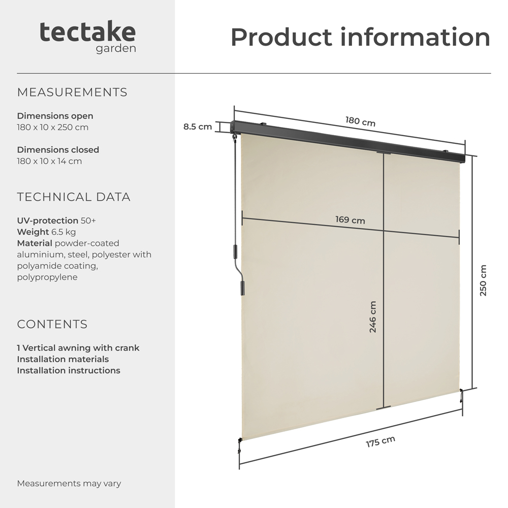 tectake Eloise Beige Vertical Awning with 2 Wall Brackets 1.8 x 2.5m Image 8