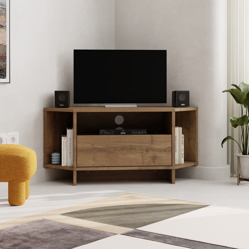 Decortie Viva 3 Shelf Single Cabinet Dark Oak Finish Modern Corner TV Stand Image 4