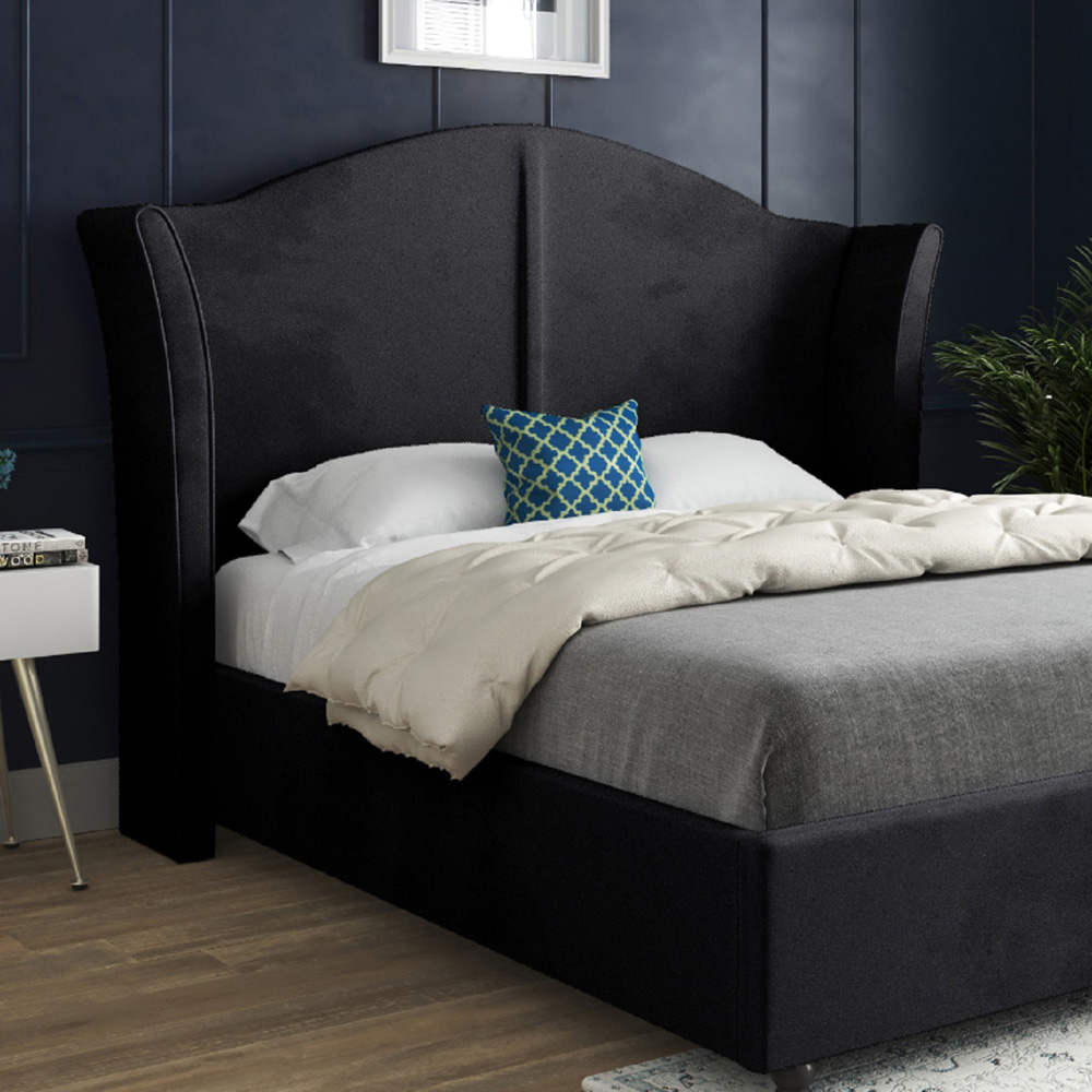 Zampa King Size Black Soft Velvet Upholstered Bed Frame with Curved Winged Headboard Image 3