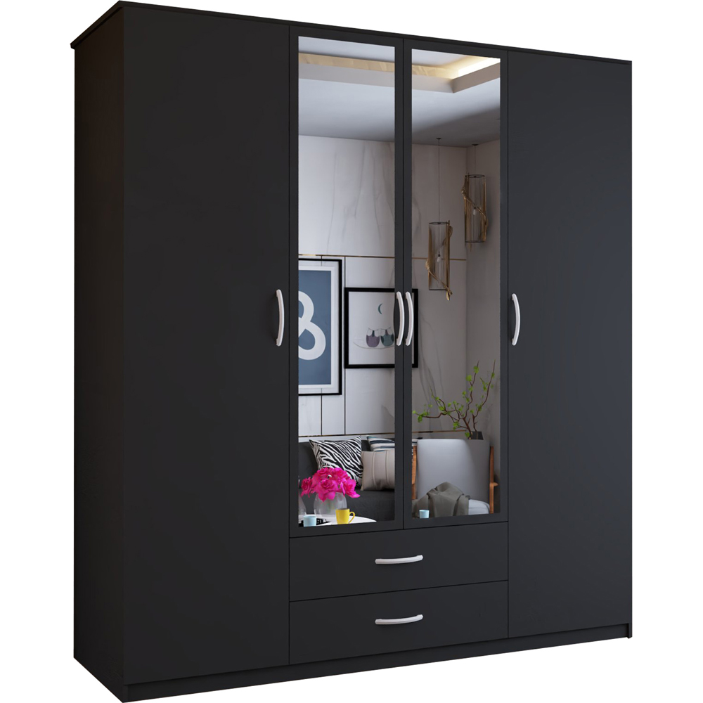 Sliding Wardrobes 4U London 4 Door 2 Drawer Black Hinged Central Mirrored Wardrobe 171cm Image 2