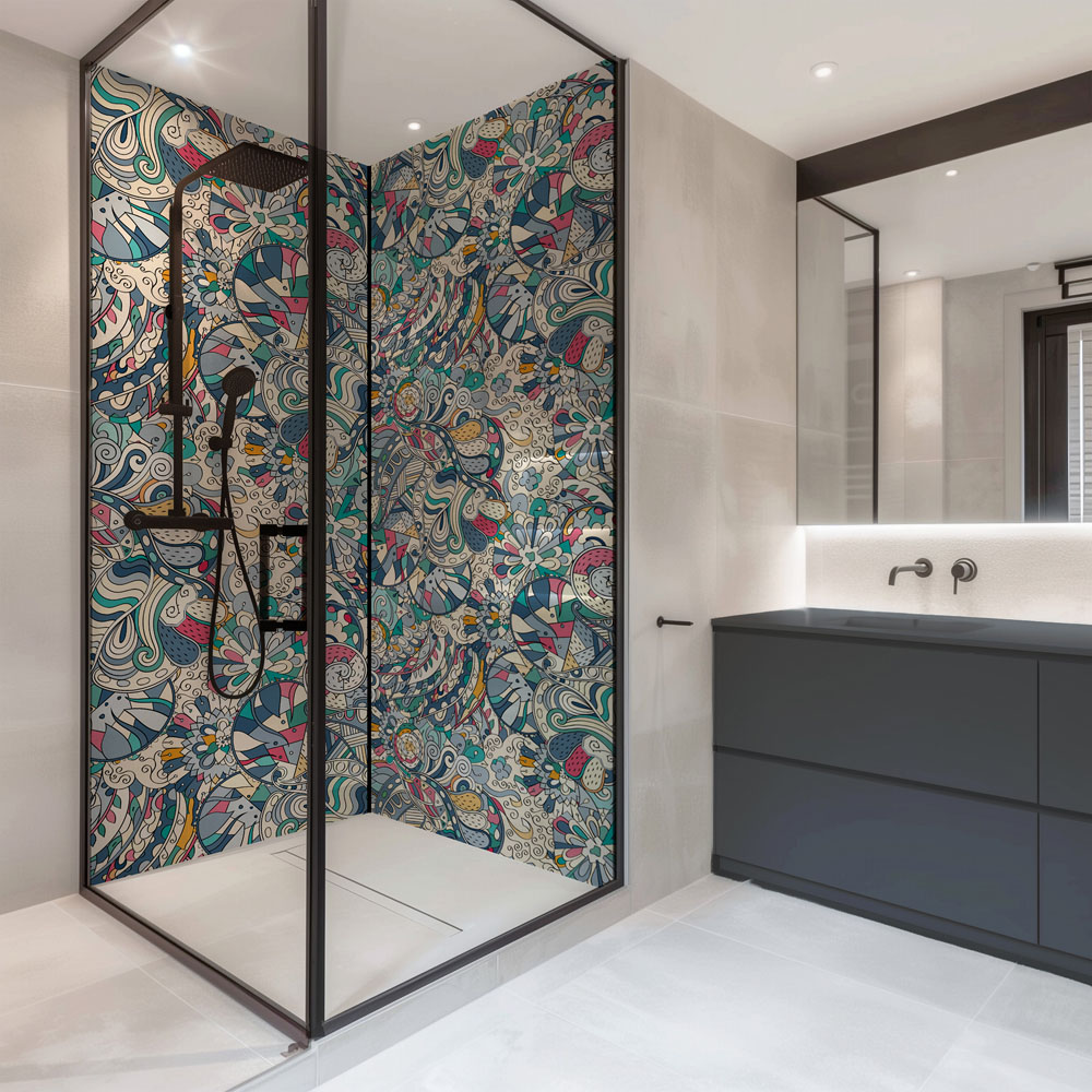 Splashbax Premium Artisan Colourful Doodle Acrylic Bathroom Wall Panel 2400 x 800mm Image 4