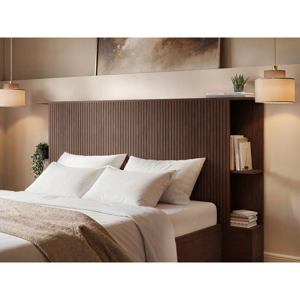 SOLACE+CO Zora Double Walnut Lift-Up Ottoman Bed with Headboard Shelf Image 4