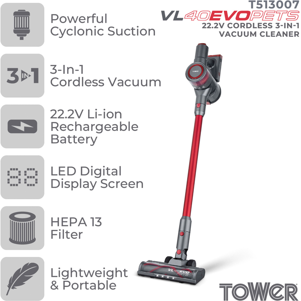 Tower VL40 Evo Pets 3-in-1 Cordless Vacuum Cleaner 22.2V Image 4