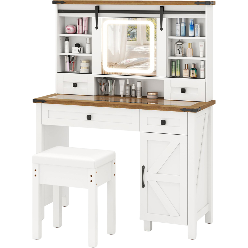 Costway White Vanity Desk and Stool Set with Sliding Mirror Image 2