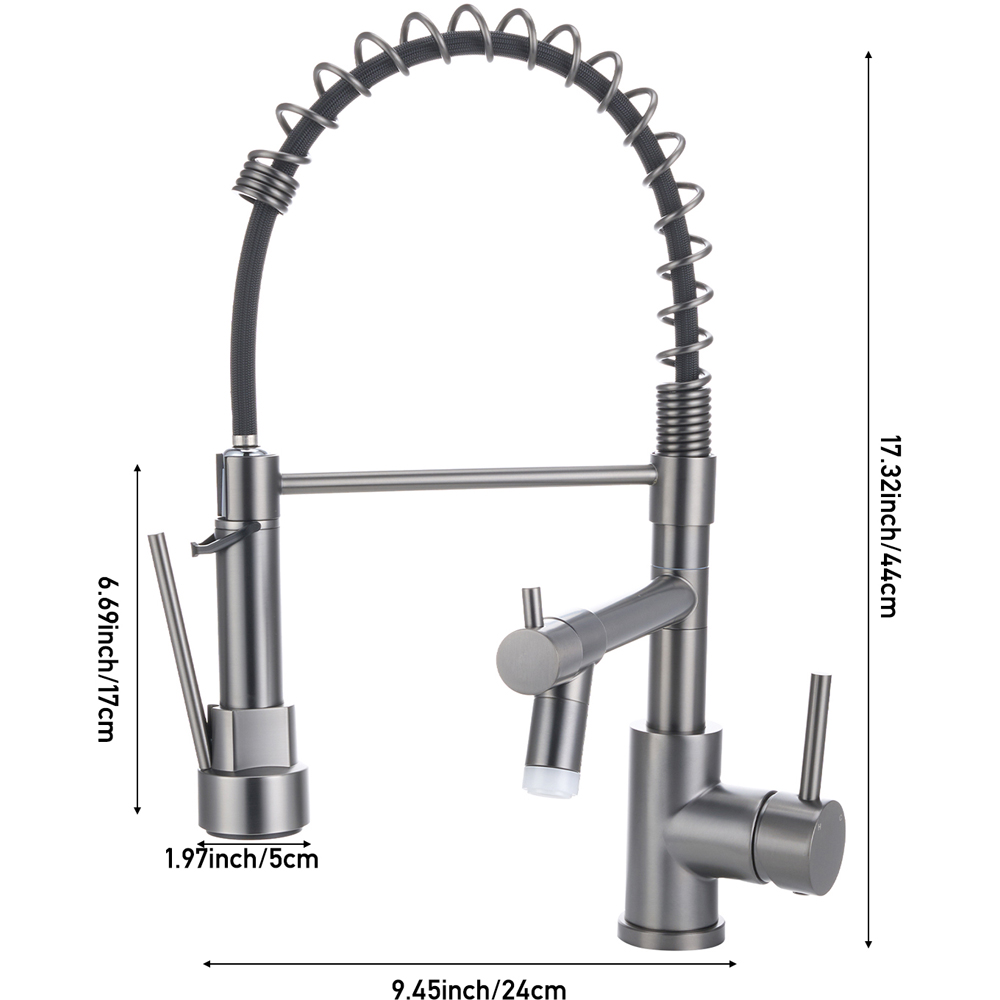 Living and Home Gunmetal Grey 304 Stainless Steel Dual Spout Swivel Kitchen Faucet with LED Light Image 8