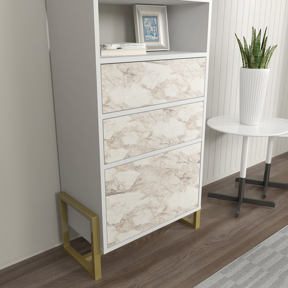 Decorotika Utopie 3 Door 2 Shelf White and White Marble Effect Modern Bookshelf Image 8