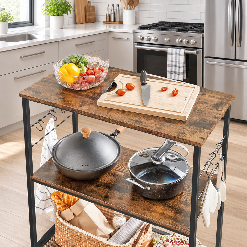 Modcraft 3 Shelf Rustic Brown and Black Kitchen Island with Hooks Image 5