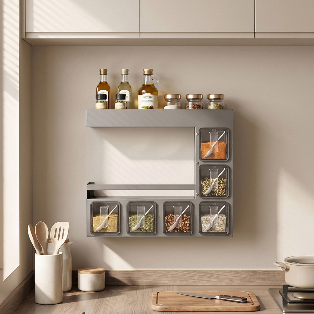 Living and Home 3-Tier Grey Gunmetal Wall Mounted Spice Rack with 6 Spoons Image 7