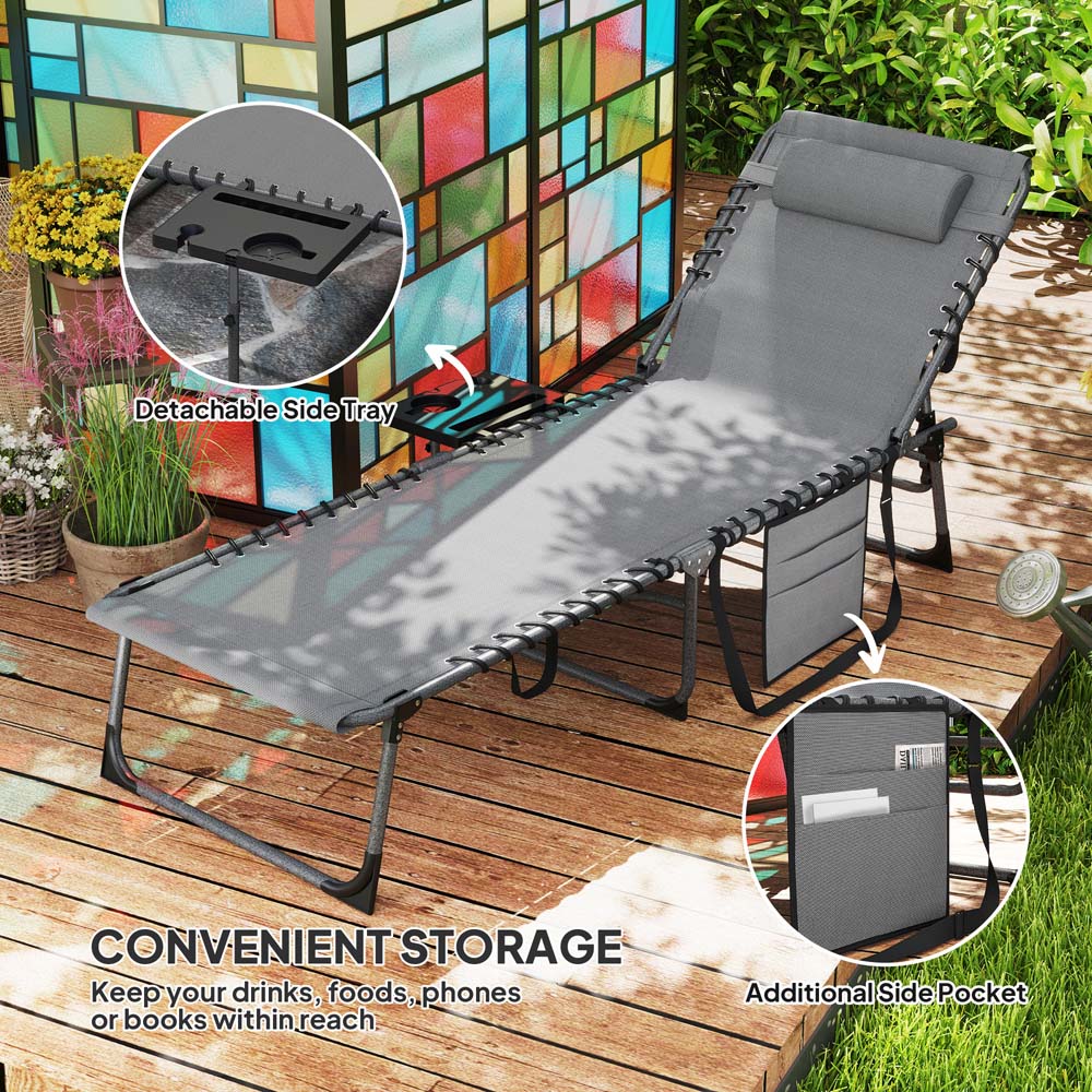 Outsunny Grey 5 Level Adjustable Folding Sun Lounger with Side Table Image 6