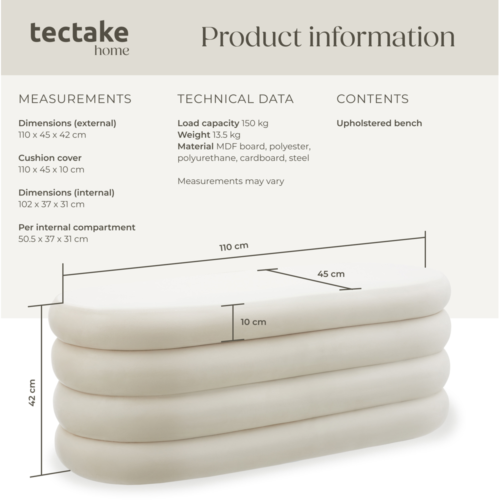 tectake Altu Cream White Velvet Padded Bench with Storage Image 8