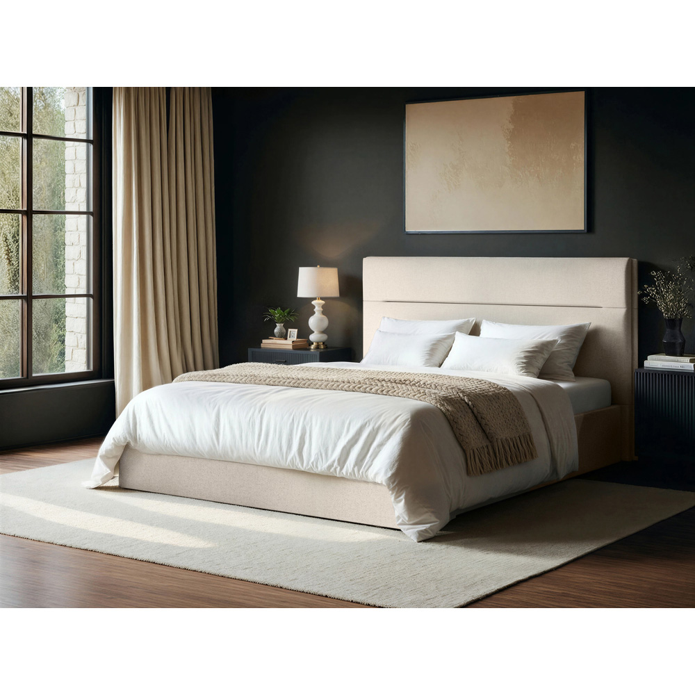 SOLACE+CO Nela King Size Cream Woven Fabric Ottoman Bed with Padded Headboard Image 6
