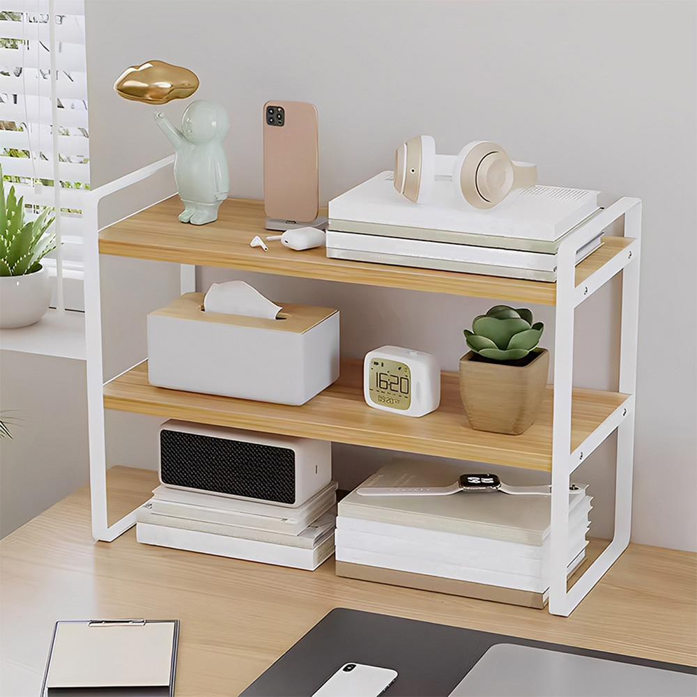 Living and Home 2-Tier Natural Wood Grain Countertop Storage Shelf with Metal Frame Image 7