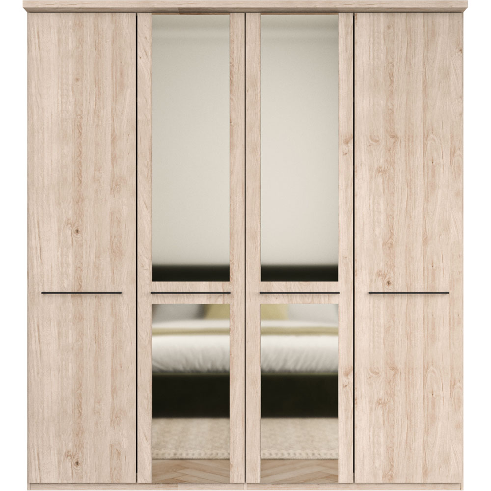 Homebase Dunmere Holm Oak and Slate 4 Door Hinged Wardrobe with 2 Centre Mirror Image 3