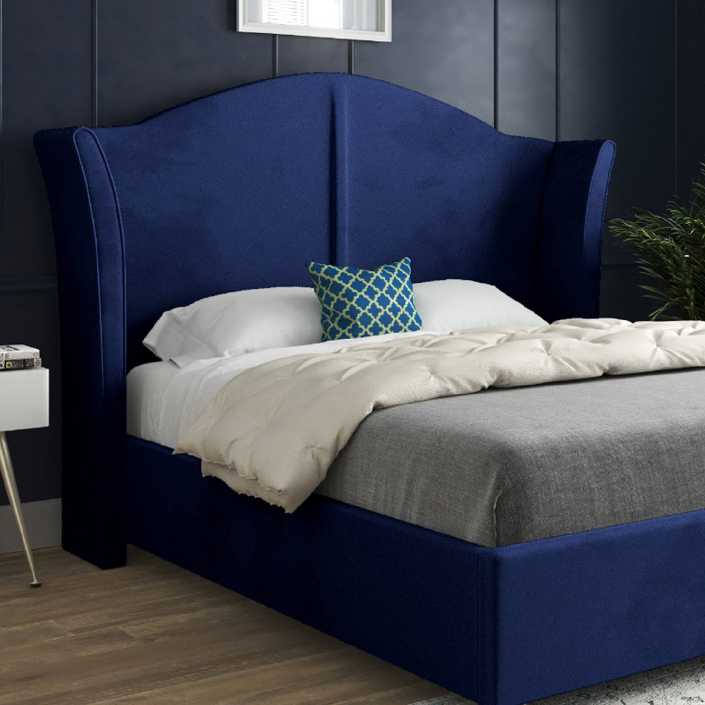 Zampa Double Blue Soft Velvet Upholstered Bed Frame with Curved Winged Headboard Image 3