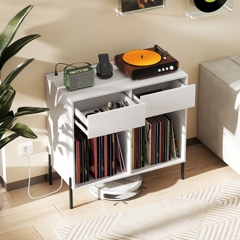 Costway 2 Drawer White Record Player Stand with Power Outlet Image 3